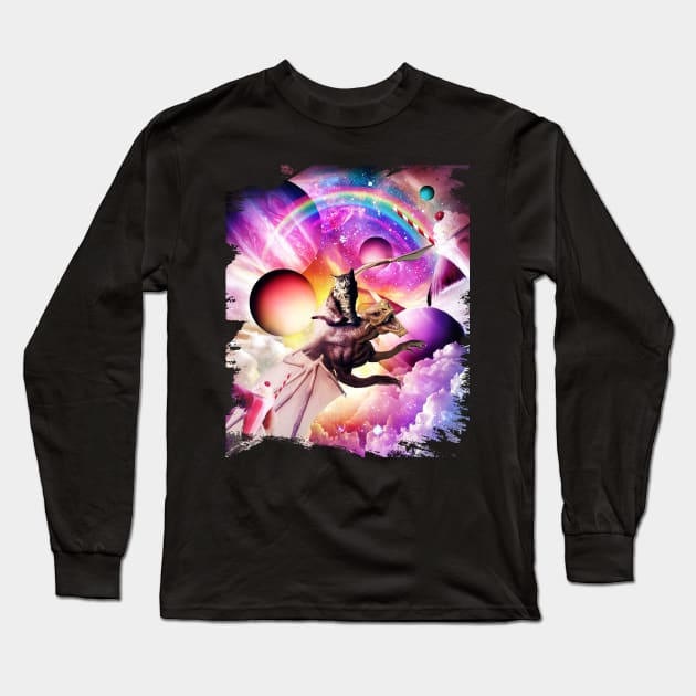 Space Cat Riding Dragon - Milkshake Rainbow Long Sleeve T-Shirt by Random Galaxy